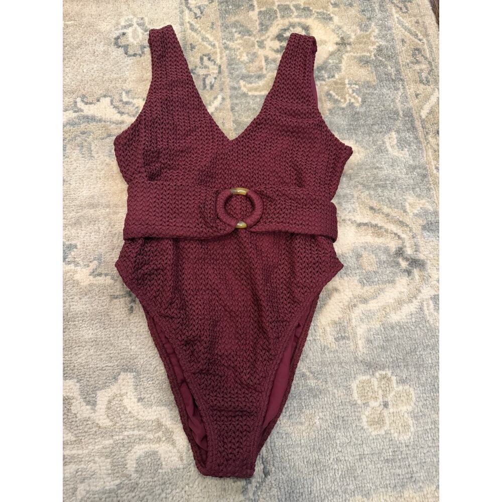 Montce Maroon Crochet Kim One-Piece Belted Swimsuit XL NEW - Picture 8 of 10